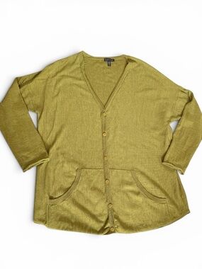 Eileen Fisher Merino Wool Olive Green Long Cardigan Button Front Pockets Large